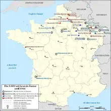  A map of France with red and blue markings indicating air-force bases in 1966.