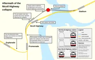 A map depicting the former tunnel alignment (in grey) and the new alignment (in orange), with the relocated station site south of its original site