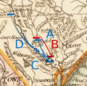 Caswell moves south from Corbett's ferry to Moore's Creek. Lillington and Ashe move south-southeast from Cross Creek to Moore's Creek along the Cape Fear River. Moore follows Lillington and Ashe but does not reach Moore's Creek.