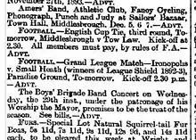 Clipping from a newspaper small-ads column containing ads for a bazaar, football matches, a concert and a sale of fur accessories