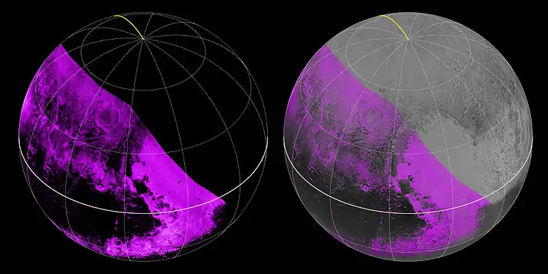 Map of methane ice abundance, which shows striking regional differences. Stronger methane absorption indicated by the brighter purple colors here, and lower abundances shown in black.