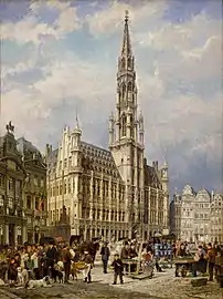 Brussels' Town Hall and the Sunday market, Cornelis Christiaan Dommersen, 1887