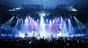 The band performs in Makassar on 25 November 2022. From left: David, Lukman, Iwan, Iqbal, Ariel, Lanlan