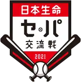 A logo in the shape of a pentagon with Japanese text in front of two crossed baseball bats