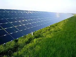 Solar panels, angled at about 30 degrees, reflect the blue sky from above a grassy field.