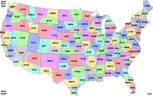 Map of NWS Weather Forecast Offices. Colors indicate area of responsibility, letters indicate each office's call sign. Alaska, Pacific and Puerto Rico offices are only indicated with call sign letters in the corners.