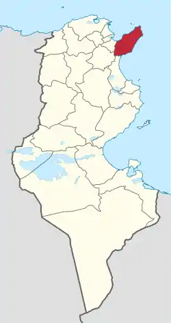 Map of Tunisia with Nabeul highlighted