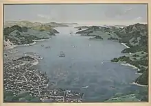 Bird's-eye view of the Nagasaki bay, with the island Dejima at mid-left