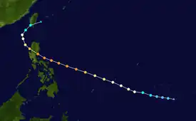 The path of a tropical cyclone as represented by colored dots. The color of each dot denotes its intensity while its position marks the location of the cyclone at six hour intervals.