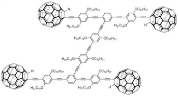 Chemical structure of a nanocar. The wheels are C60 fullerene molecules.