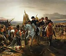 Painting showing Napoleon on a white horse giving orders to an aide, amid his staff, an unmanned cannon, and troops ranked in the background