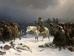 Man on a white horse surrounded by hunched over troops marching through the snow. Dead bodies and broken wagons litter the ground.