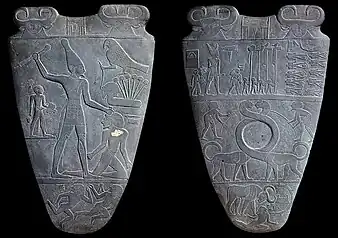 Egyptian palettes, such as the Narmer Palette (3200–3000 BC), borrow elements of Mesopotamian iconography, in particular the sauropod design of Uruk.