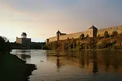 The reconstructed fortress of Narva (to the left) overlooking the Russian fortress of Ivangorod (to the right)