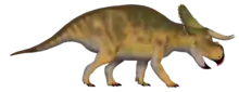 Digital rendering of a brown, quadrupedal dinosaur with long horns