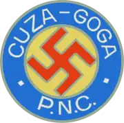 Logo of the National Christian Party featuring a swastika, the initials of the party and the names of its joint leaders, A. C. Cuza and Octavian Goga