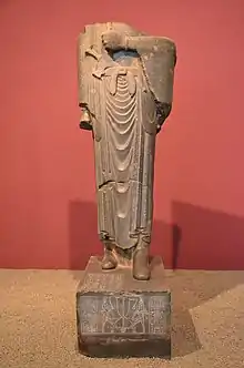 Egyptian statue of Darius I, as Pharaoh of the Twenty-seventh Dynasty of Egypt; 522–486 BCE; greywacke; height: 2.46 m; National Museum of Iran (Teheran)