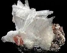 Slender needles of natrolite are accented by deep pink inesites