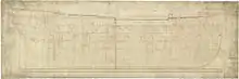 Drawing of the plan of the side of the hull of a sailing ship, without masts shown