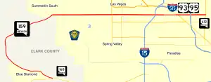 Nevada State Route 159 travels west of the Las Vegas before becoming a major thoroughfare through the Las Vegas Valley.