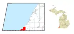 Location within Berrien County (red) and the administered villages of Grand Beach and Michiana (pink)