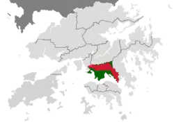 Approx. location of New Kowloon (in red), compared to the Kowloon geographical constituencies of the Legislative Council (in green); note that the newer 13/31 runway of the former Kai Tak Airport reclaimed land (also coloured in green), now considered part of New Kowloon e.g. lot numbers, did not exist until the 1950s.