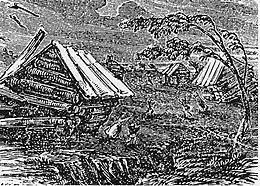 A drawing of an earthquake destroying land