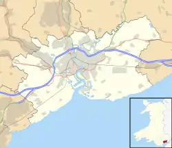 A map of Newport, Wales, showing the location of the town of Caerleon as a red dot