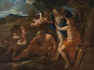 Cupid draws his bow as the river god Peneus averts his gaze in Apollo and Daphne (1625) by Poussin.