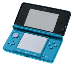 The Nintendo 3DS, a portable 3D gaming device that contained glasses-free 3D and was released during the height of the 3D fad in the 2010s. Its flagship title was Super Mario 3D Land.