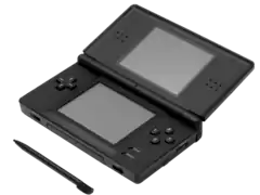 A Nintendo DS Lite with its stylus