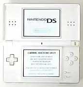 The Nintendo DS Lite, turned on and fully open