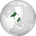 Land controlled by the Nordic countries shown in dark green. Bouvet Island and Antarctic claims not shown.