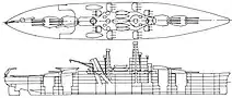 A line drawing of a ship with four gun turrets—two mounted each fore and aft—a large superstructure with two high masts, and a catapult over the third turret.