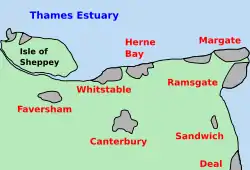 A map of north-east Kent, with urban areas shaded in grey. Labels mark the locations of the Thames Estuary, the Isle of Sheppey, Whitstable, Herne Bay, Margate, Ramsgate, Sandwich, Deal, Faversham and Canterbury