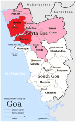 Location of North Goa within GoaRed: Velhas Conquistas regionsPink: Novas Conquistas regions