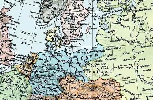 Germany is bordered by the North and Baltic Seas and Scandinavia to the north, by Russia in the east, and France and the Low Countries in the west. Britain lies across the North Sea to the west.