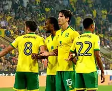 Norwich City wall defending a Wigan Athletic free-kick, September 2016