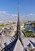 The spire in 2018, over the cathedral and the Île de la Cité, Notre-Dame's island.