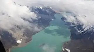 Aerial view of Sarqap Tassersuaq, the emerald lake in the central valley