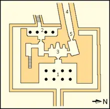 Annotated map of Nyuserre's valley temple. Described in detail in upcoming section.