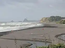 A view of Ōakura Beach looking toward New Plymouth