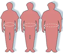 Three silhouettes depicting the outlines of an optimally sized (left), overweight (middle), and obese person (right).