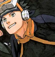 A black-haired and blue-eyed character in Naruto wearing dark blue and orange clothing, a headband, and goggles