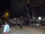 The demonstration against the police raid organised by Skapoula student magazine, passing outside Pafos Gate police station in Nicosia. The activists arrested in the raid were taken to this station a week before.