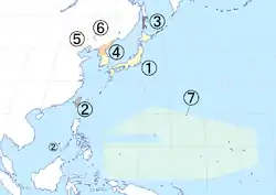 De jure map of Japan and its several colonies under Allied occupation.

# The Japanese archipelago, placed under the authority of the Supreme Commander for the Allied Powers (de facto United States), effective 1945–1952 (note: a portion of Japanese territory was put under United States administration after 1952 in accordance with Article 3 of San Francisco Peace Treaty: Iwo Jima (until 1968) and Okinawa (until 1972); such arrangement was treaty based, and not part of the Allied occupation).
# Japanese Taiwan, placed under the authority of China.
# Karafuto Prefecture and the Kuril Islands, placed under the authority of the Soviet Union.
# Japanese Korea south of the 38th parallel north, placed under the authority of the United States Army Military Government in Korea, granted independence in 1948 as the Republic of Korea (South Korea). Japanese Korea north of the 38th parallel north, placed under the authority of the Soviet Civil Administration, granted independence in 1948 as the Democratic People's Republic of Korea (North Korea)
# The Kwantung Leased Territory, a Japanese colony occupied by the Soviet Union 1945–1955, returned to China in 1955.
# South Manchuria Railway (Mantetsu), a colony placed under Soviet occupation
# The South Pacific Mandate, Japanese colony in the name of the League of Nations, occupied by the United States 1945–1947, converted into the Trust Territory of the Pacific Islands of the United Nations under the US administration in 1947.