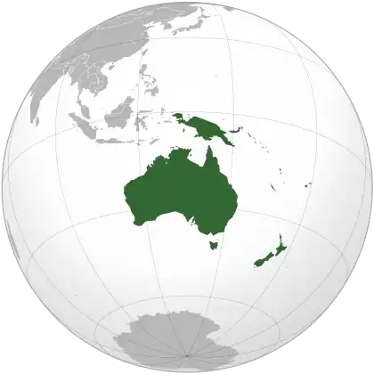 An orthographic projection of geopolitical Oceania.