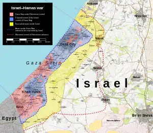 Map of the Gaza Strip and part of Israel. The part of Israel surrounding the Strip is marked as evacuated. Some parts of the Strip is marked as under Israeli control, and the remainder is marked as under Hamas control.