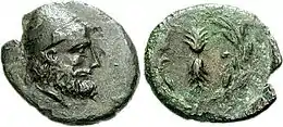 Odysseus wearing pileus depicted in a 3rd-century BC coin from Ithaca