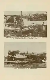 Two black and white images of Okeechobee, Florida, immediately following the 1928 hurricane; both pictures show the town in ruins